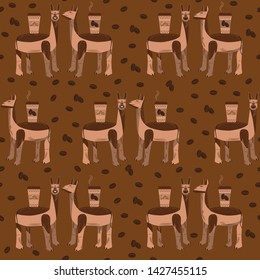 Seamless pattern with cartoon llamas and coffee grains. Brown background. Ideal for coffee business. Funny animals hold paper cups of coffee on their backs. Vector illustration