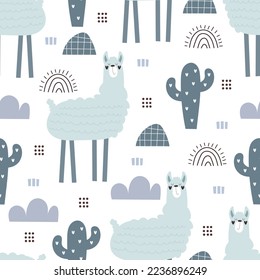 Seamless pattern with cartoon llamas, decor elements. colorful vector for kids, flat style. hand drawing. animals. Baby design for fabric, textile, print, wrapper.