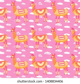 Seamless pattern with cartoon llamas. Pink childrens background. Cute animals on a background of white clouds. Vector illustration.