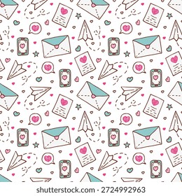 Nahtloses Muster mit Cartoon-Liebesbriefen, Papierflugzeugen, Telefonnachrichten und Herzen. Vektorhintergrund im Stil von Kritzeleien aus romantischen Valentinstag-Nachrichten und Schreibwaren