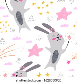 Seamless pattern with cartoon magic bunnies, decor elements. flat style, colorful vector for kids. hand drawing. baby design for fabric, wrapper, print, textile
