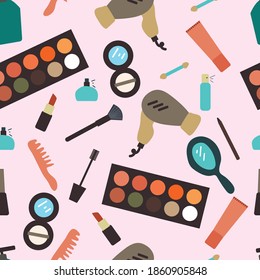 Seamless pattern with cartoon makeup. for fabric print, textile, gift wrapping paper. colorful vector for kids, flat style