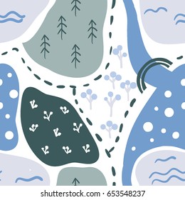Seamless pattern: cartoon map with doodle lake, river, forest, trees and plants. Vector illustration for kids. Stylized doodle nature landscape. Childish texture for textile, paper, nursery designs