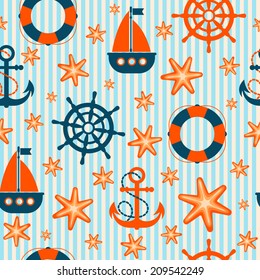 Seamless pattern with cartoon marine icons on blue striped background