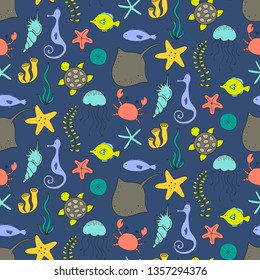 Seamless pattern with cartoon marine items. Vector illustration.