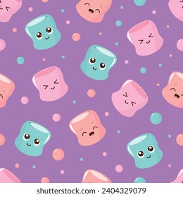 Seamless pattern with cartoon marshmallows. Vector character design.Food wrapping paper	