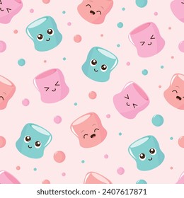 Seamless pattern with cartoon marshmallows. Vector character design.	
