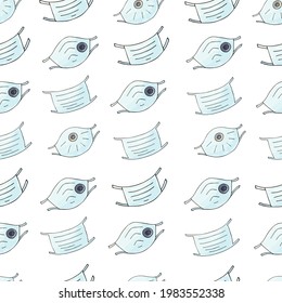 Seamless pattern. Cartoon masks in hand draw style. Medical masks, respirators. Anti-virus advertising