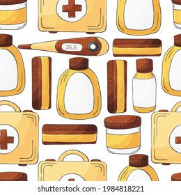 Patrón sin foco. Instrumentos médicos de dibujos animados con estilo de dibujo a mano. Estuche médico, termómetro