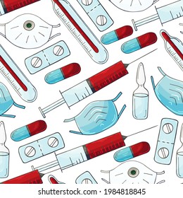 Seamless pattern. Cartoon medical instruments in hand draw style. Mask, syringe, pills