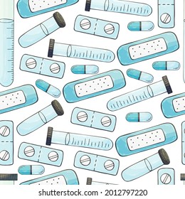 Patrón sin foco. Instrumentos médicos de dibujos animados con estilo de dibujo a mano. Aplausos médicos, tubos de ensayo