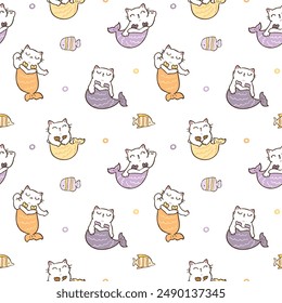 Seamless Pattern with Cartoon Mermaid Cat and Fish Design on White Background