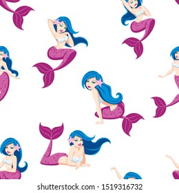 Nahtloses Muster mit Cartoon Mermaid in verschiedenen Posen.