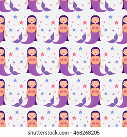 Seamless pattern with cartoon mermaid. Vector illustration. Cute magic background. Fantasy wallpaper