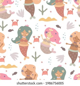 Seamless pattern with cartoon mermaids, crab, shells, fish. flat style vector. Hand drawing for kids. sea world. baby design for fabric, textile, print, wrapper