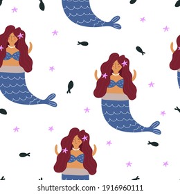 Patrón sin foco con sirenas de dibujos animados, peces. vector de estilo plano. Dibujo manual para niños. el mundo marino. diseño de bebé para tela, textil, impresión, envoltura