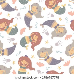 Nahtloses Muster mit Cartoon-Meerjungfern, Tintenfisch, Muscheln, Seestern. flacher Vektor. Handzeichnung für Kinder. Meereswelt. Babydesign für Gewebe, Textilien, Druck, Wrapper