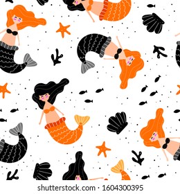Seamless pattern with cartoon mermaids, shells, fish, starfish, decor elements. flat style vector. Hand drawing for kids. sea world. baby design for fabric, textile, print, wrapper