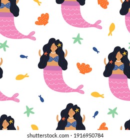 Patrón sin foco con sirenas de dibujos animados, conchas, peces, pez estrella. vector de estilo plano. Dibujo manual para niños. el mundo marino. diseño de bebé para tela, textil, impresión, envoltura