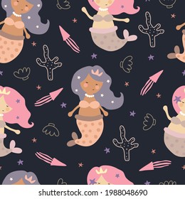 Seamless pattern with cartoon mermaids, squid, shells, starfish. flat style vector. Hand drawing for kids. sea world. baby design for fabric, textile, print, wrapper