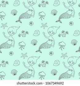 Seamless pattern with cartoon mermaids. Vector illustration.
