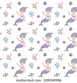 Seamless pattern with cartoon mermaids. Vector illustration.