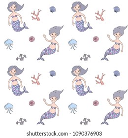 Seamless pattern with cartoon mermaids. Vector illustration.