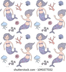 Seamless pattern with cartoon mermaids. Vector illustration.