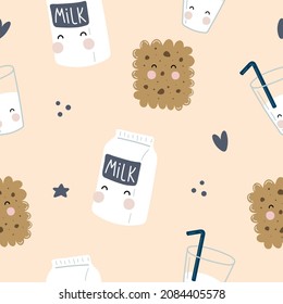Seamless pattern with cartoon milk, cookies, decor elements. colorful vector. hand drawing, flat style. design for fabric, print, textile, wrapper
