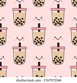 Seamless pattern of cartoon milk tea cup on pink background vector illustration. Cut cartoon food for print.