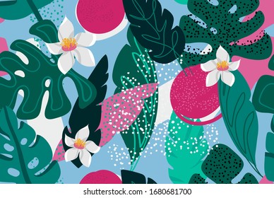 Seamless pattern with cartoon modern hand drawn TROPICAL FOLIAGE & FLOWERS. Multicolored design. Vector illustration