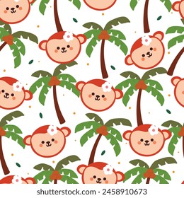 seamless pattern cartoon monkey and coconut tree. cute animal wallpaper for textile, gift wrap paper