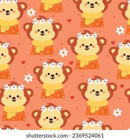 seamless pattern cartoon monkey wearing scarf and flower crown. cute animal wallpaper illustration for gift wrap paper