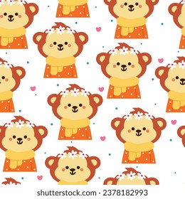 seamless pattern cartoon monkey wearing scarf and flower crown. cute animal wallpaper illustration for gift wrap paper