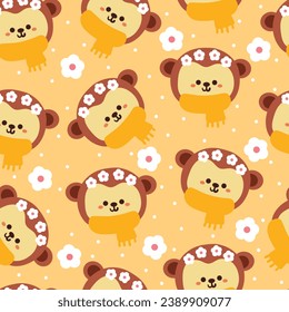seamless pattern cartoon monkey wearing scarf and flower crown. cute animal wallpaper illustration for gift wrap paper