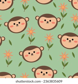 Seamless pattern of cartoon monkeys and flowers for fabric prints, textiles, gift wrapping paper. colorful vector for children, flat style