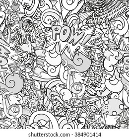 Seamless pattern of cartoon monochrome doodle party objects in hand drawn style. Very useful texture for poster design, coloring page, kids, greeting