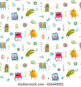 Seamless pattern cartoon monster background for children. Seamless pattern Fun Cute Cartoon Monsters for Kids Design. Vivid fabulous incredible creatures design isolated on white.