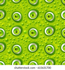 Seamless pattern with cartoon monster eyes on green skin with pimples. Textured background. Funny open green eyes of fantasy dragon. Vector illustration