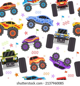 Seamless pattern with cartoon monster trucks for boy. Extreme racing heavy cars with big tires. Toys monster truck for cool kid vector print. Huge vehicles with colorful bright design for texture