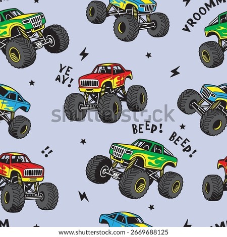 Seamless Pattern of Cartoon Monster Trucks, Off road Vehicle Vector 