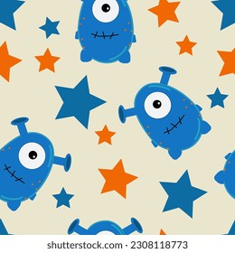 Seamless pattern of cartoon monsters with blue and orange stars on a light background. Cute design of aliens for boys and girls.