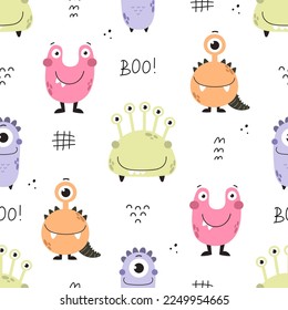 seamless pattern with cartoon monsters, decor elements. Colorful vector flat style for kids. hand drawing. baby design for fabric, print, wrapper, textile