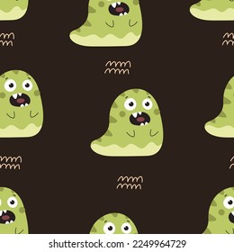seamless pattern with cartoon monsters, decor elements. Colorful vector flat style for kids. hand drawing. baby design for fabric, print, wrapper, textile
