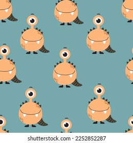 Nahtloses Muster mit Cartoon-Monstern, Dekorelementen. Farbige Vektorflache für Kinder. Handzeichnung. Babydesign für Gewebe, Druck, Wrapper, Textilien