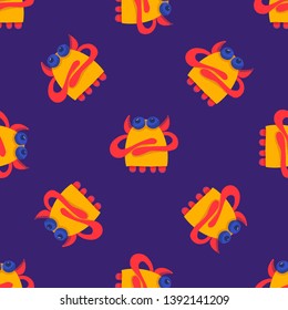 Seamless pattern cartoon monsters. Fabric texture. Abstract vector illustration. Hand drawn doodle vector illustration. Comic background. Monster party illustration. Kids graphic illustration.