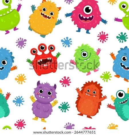 Seamless pattern with cartoon monsters. Monsters in flat style. Illustration for wrapping paper, clothing and textiles for children. Vector