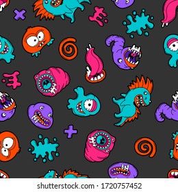 Seamless pattern with cartoon monsters. Urban colorful teenage creative background. Evil creatures in modern comic style.