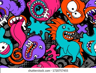 Seamless pattern with cartoon monsters. Urban colorful teenage creative background. Evil creatures in modern comic style.
