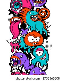 Seamless pattern with cartoon monsters. Urban colorful teenage creative background. Evil creatures in modern comic style.